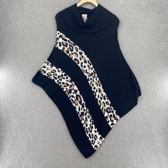 Chicos Sweater Womens Small Medium Black Leopard Print Detail Poncho Cowl Neck - Picture 1 of 9